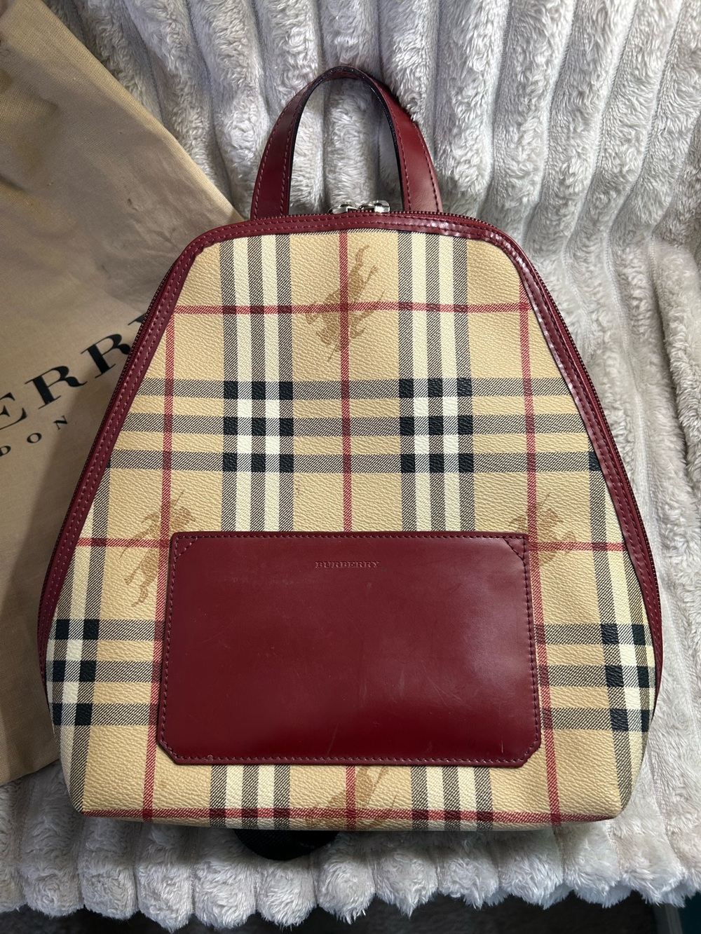 Burberry Beige Check Backpack Purse with Red Leather Trim